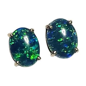 Opal Gold Stud Oval Solitaire Earrings Cabochon 8x6 mm